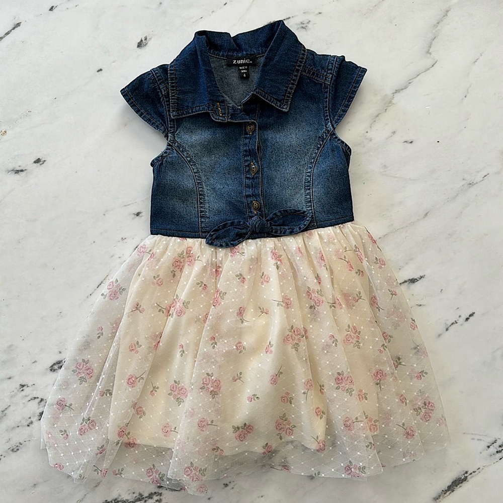 Denim top dress with floral print